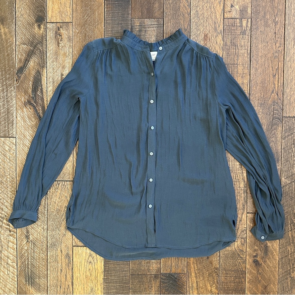 LOFT Gray Sheer Button Down Blouse Ruffle Detail Size M